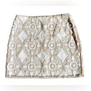 Express NEW sequined mini skirt Champagne Cream Side zip Lace Overlay Size 10